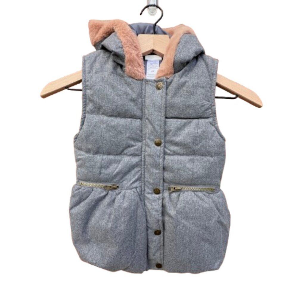 Nicole Miller Girls Puffer Vest Size 6X Gray Pink Faux Fur Trimmed Hood Cozy